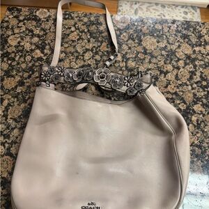 Coach Beige Leather Hobo Bag with Floral Strap